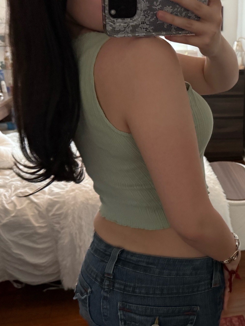 Light Sage Ribbed Button-Front Crop Tank Top - Picture 3 of 5
